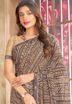 Digital Printed Georgette Saree in Brown