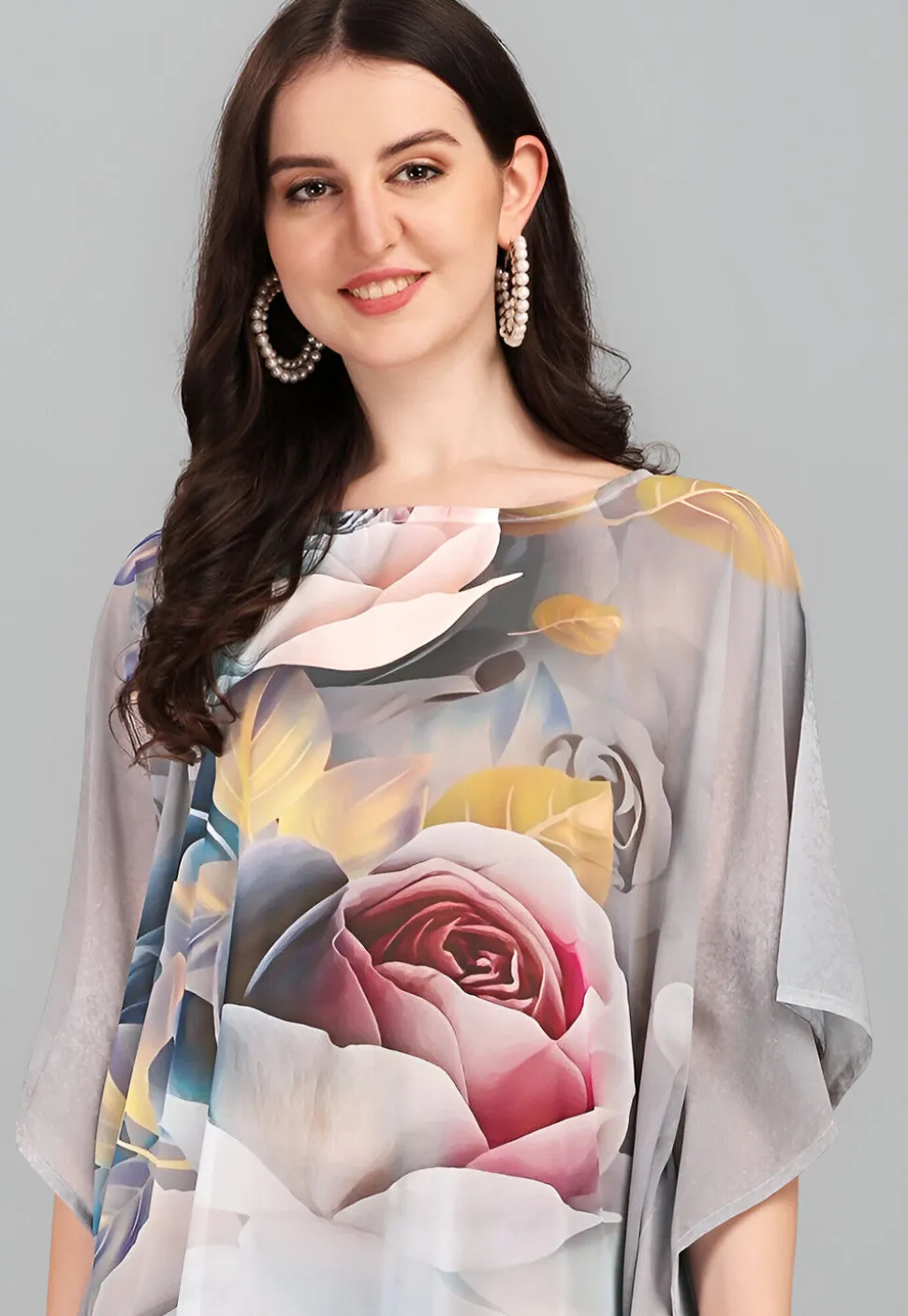 Digital Printed Georgette Kaftan in Grey