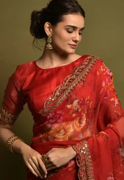 Digital Printed Georgette Saree in Red