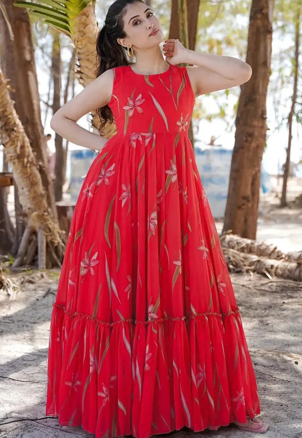 Digital Printed Georgette Gown in Red