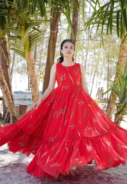 Digital Printed Georgette Gown in Red