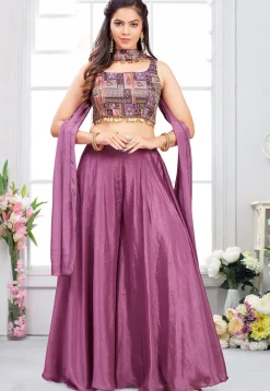 Digital Printed Georgette Crop Top Set in Purple