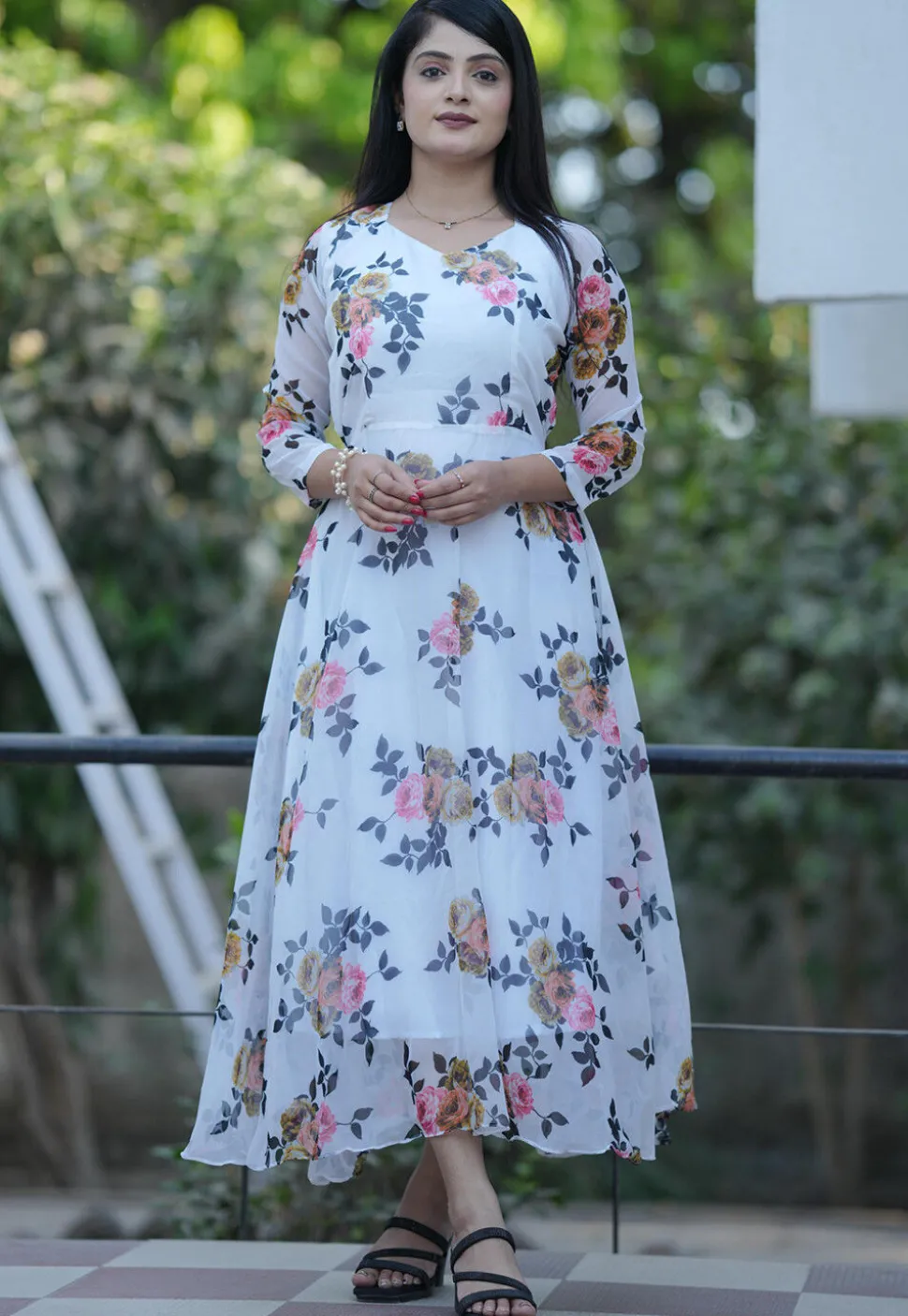 Digital Printed Georgette A Line Dress in White