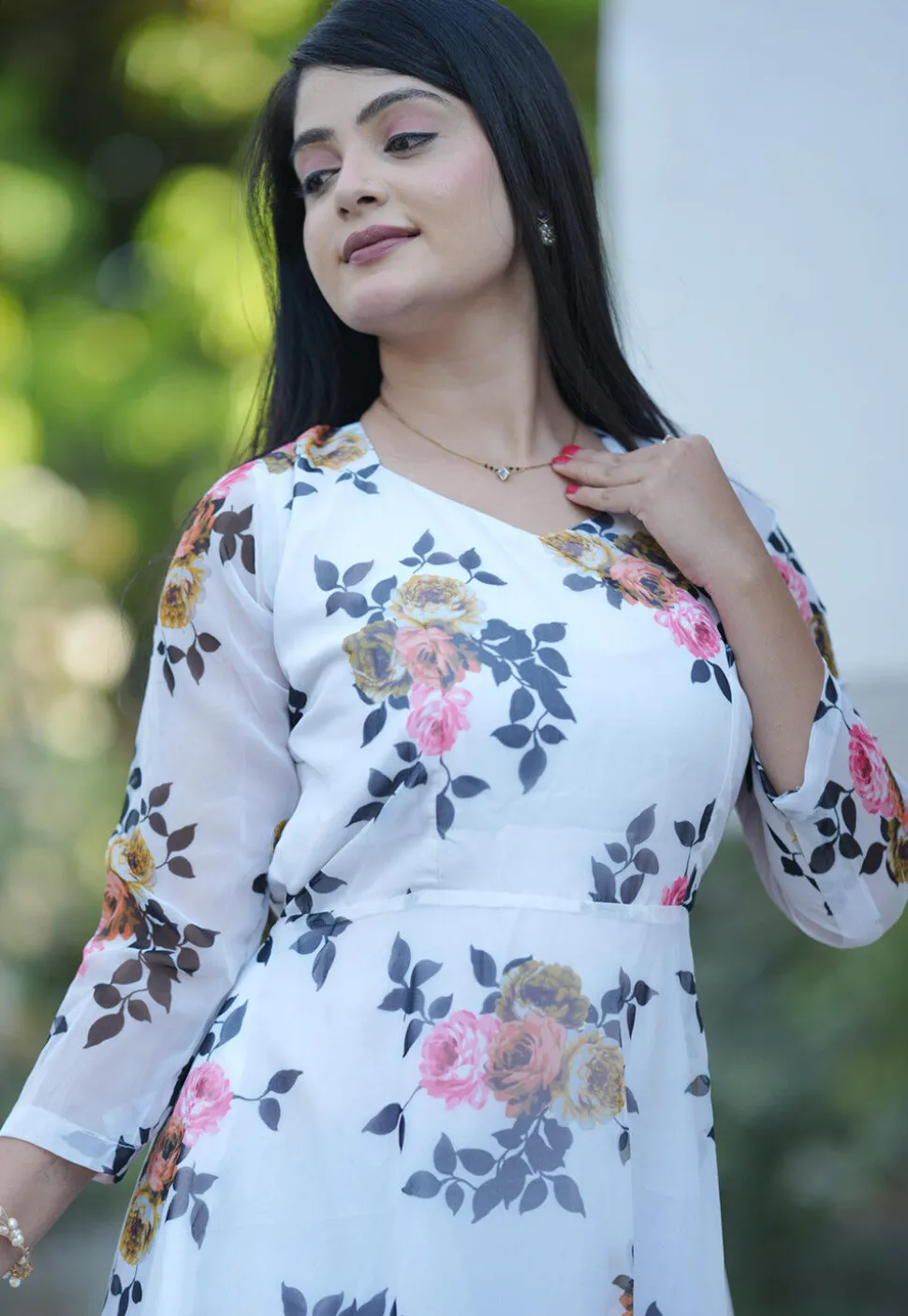 Digital Printed Georgette A Line Dress in White
