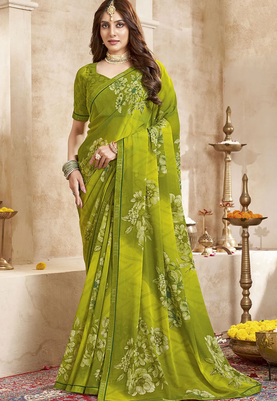Digital Printed Georgette Saree in Olive Green