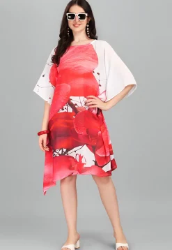 Digital Printed Georgette Kaftan in Off White and Red