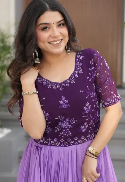Digital Printed Georgette Gown in Purple
