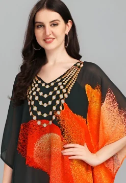 Digital Printed Georgette Kaftan in Black and Orange