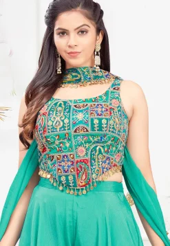 Digital Printed Georgette Crop Top Set in Teal Green