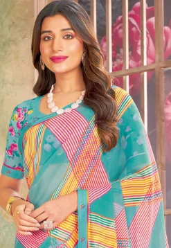 Digital Printed Georgette Saree in Multicolor