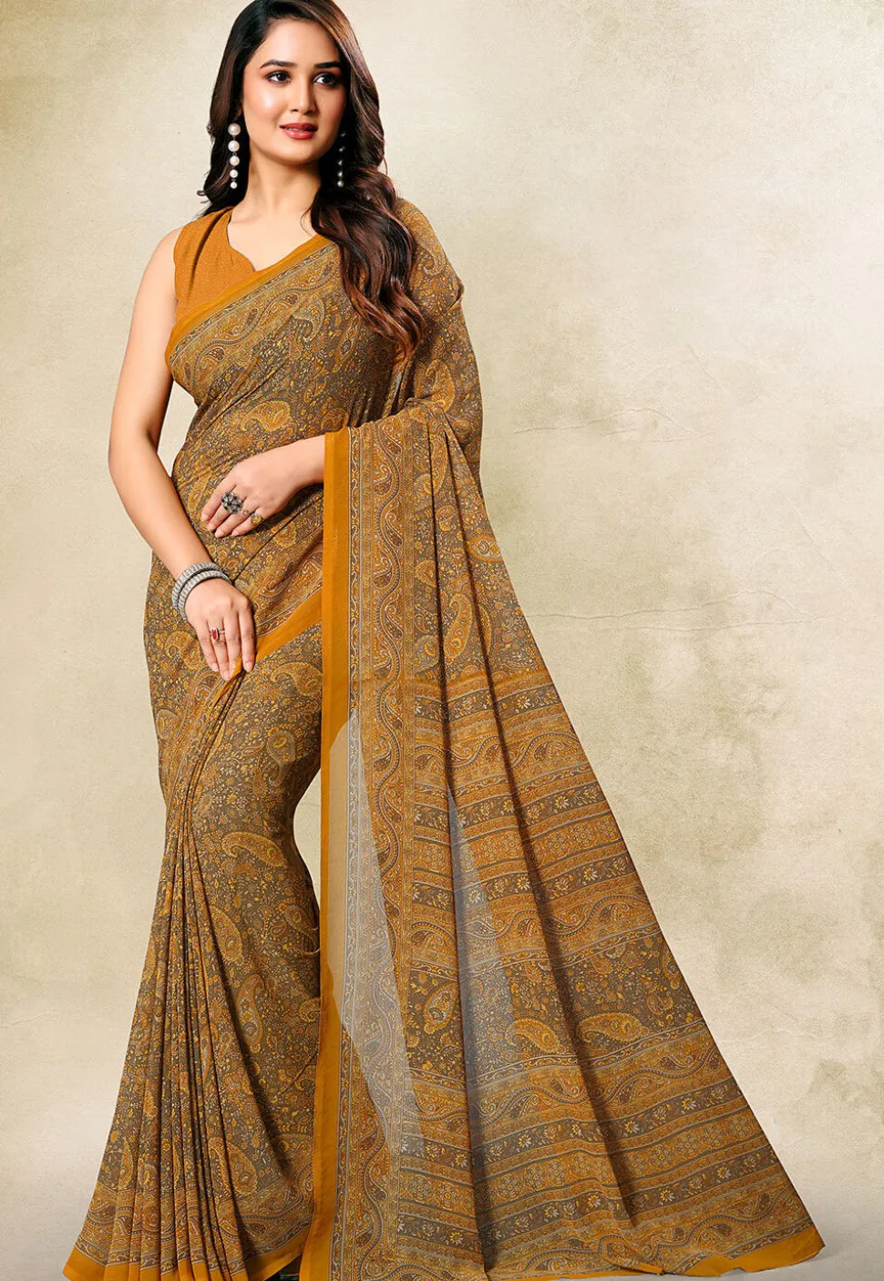 Digital Printed Georgette Saree in Mustard