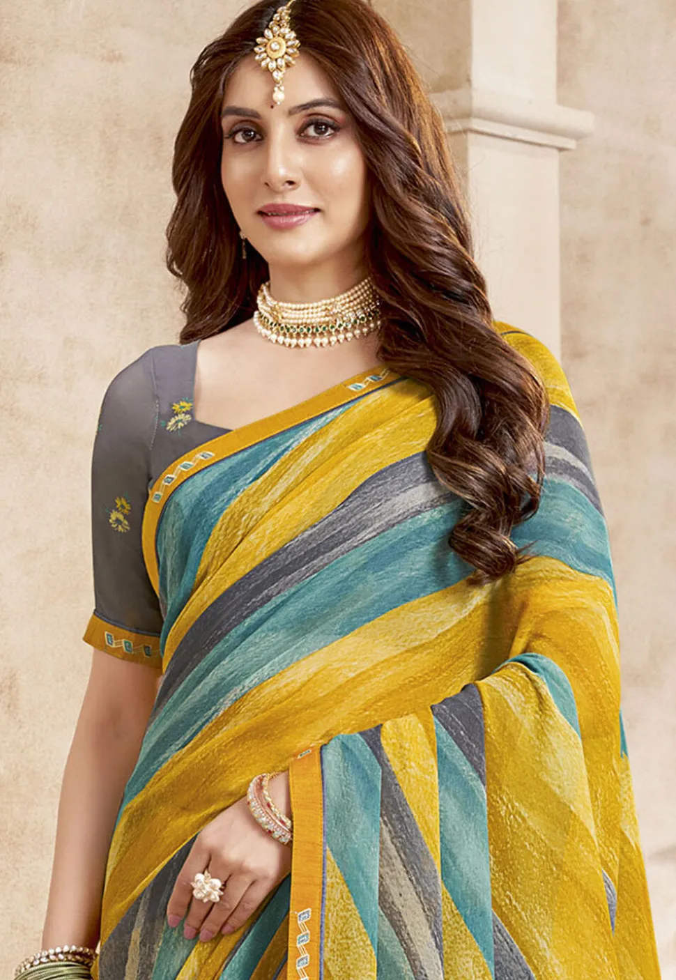 Digital Printed Georgette Saree in Yellow and Multicolor