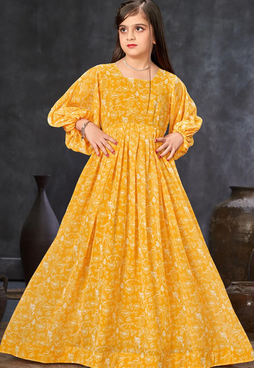 Digital Printed Georgette Gown in Yellow