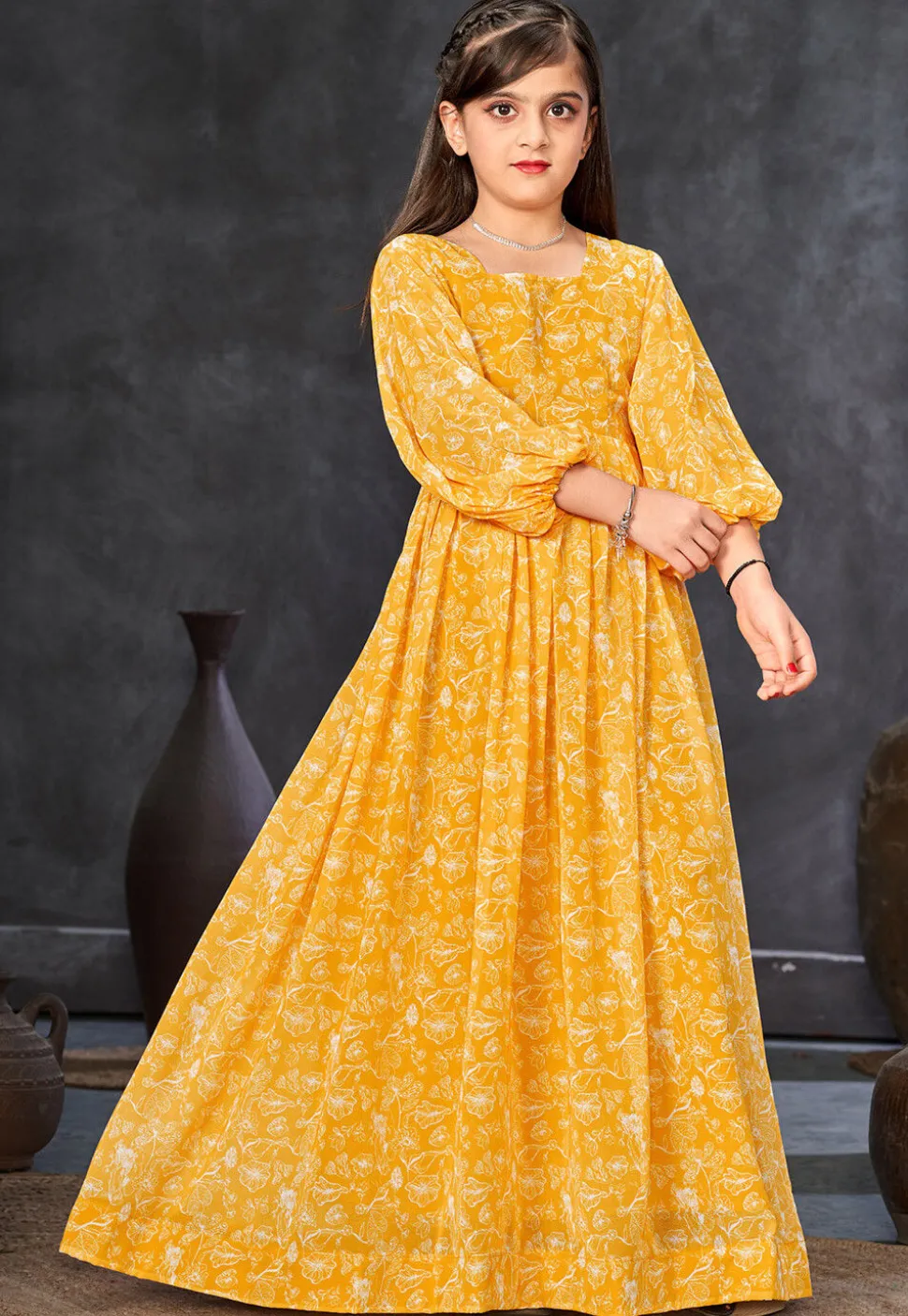 Digital Printed Georgette Gown in Yellow