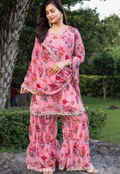 Digital Printed Georgette Scalloped Pakistani Suit in Pink