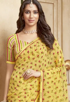 Digital Printed Georgette Saree in Yellow