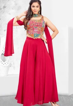 Digital Printed Georgette Crop Top Set in Red