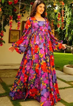 Digital Printed Georgette Gown in Multicolor