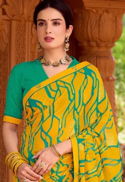 Digital Printed Georgette Saree in Mustard
