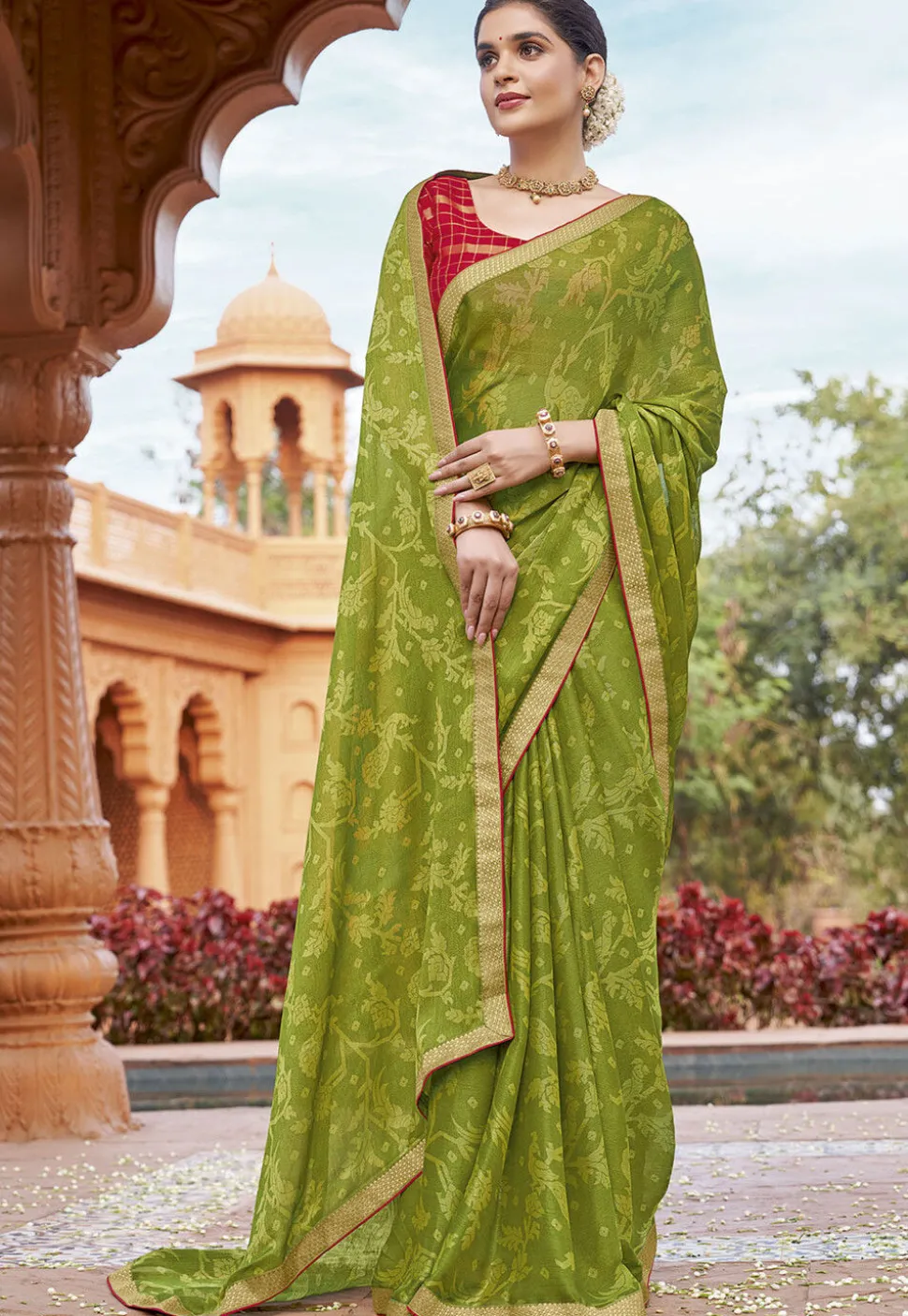 Digital Printed Georgette Saree in Olive Green