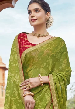 Digital Printed Georgette Saree in Olive Green