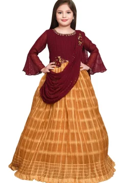 Digital Printed Georgette and Polyester Gown with attatched Dupatta in Maroon and Yellow