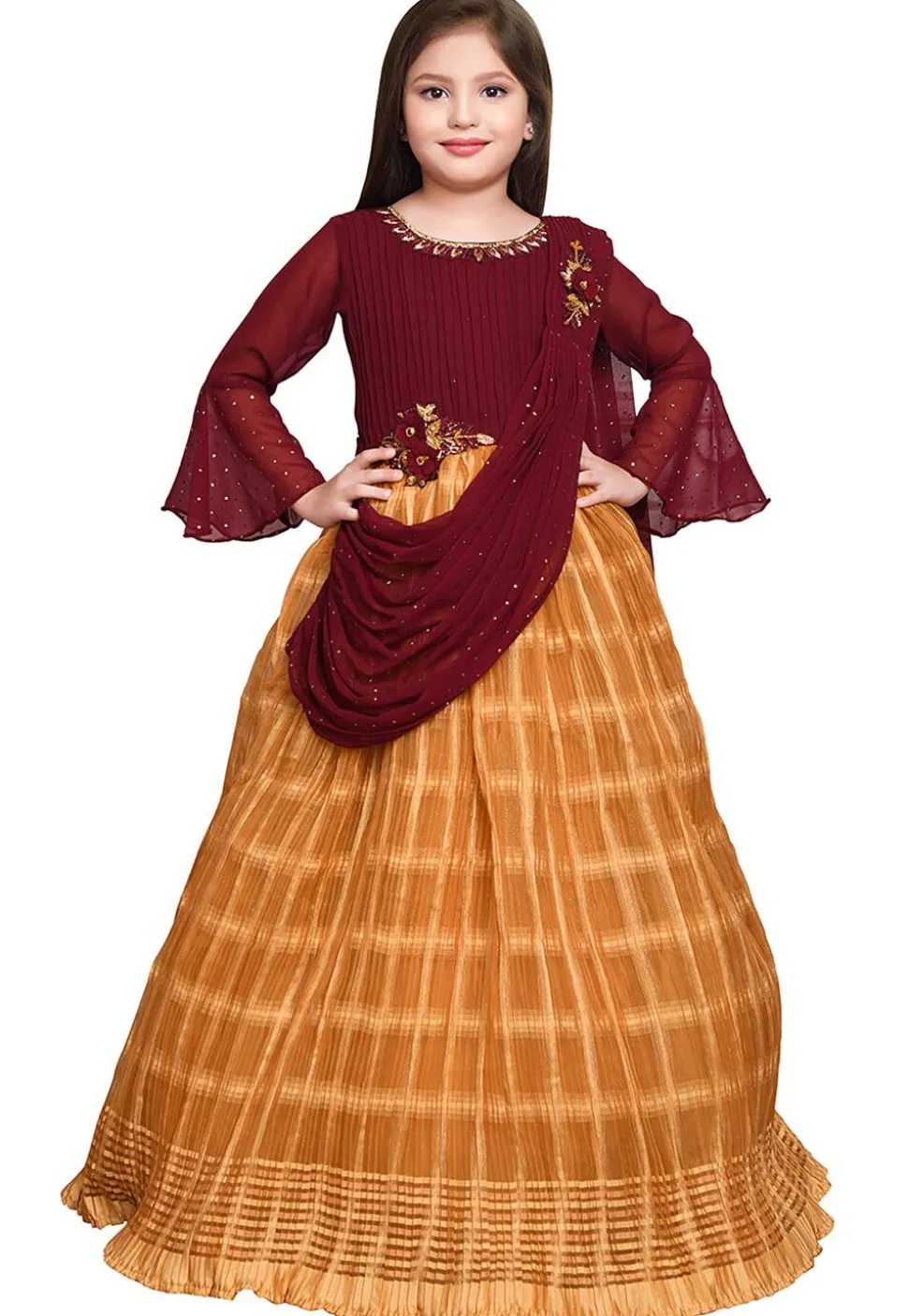 Digital Printed Georgette and Polyester Gown with attatched Dupatta in Maroon and Yellow