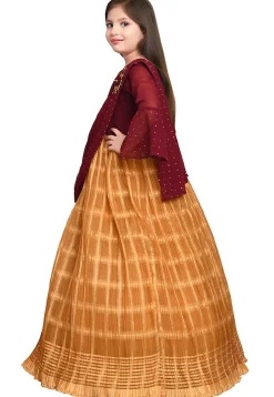 Digital Printed Georgette and Polyester Gown with attatched Dupatta in Maroon and Yellow