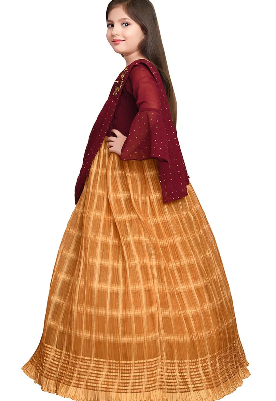 Digital Printed Georgette and Polyester Gown with attatched Dupatta in Maroon and Yellow