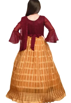 Digital Printed Georgette and Polyester Gown with attatched Dupatta in Maroon and Yellow