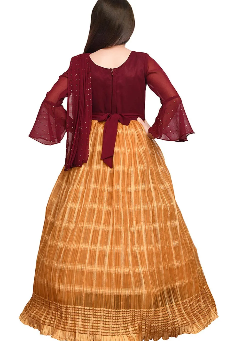 Digital Printed Georgette and Polyester Gown with attatched Dupatta in Maroon and Yellow