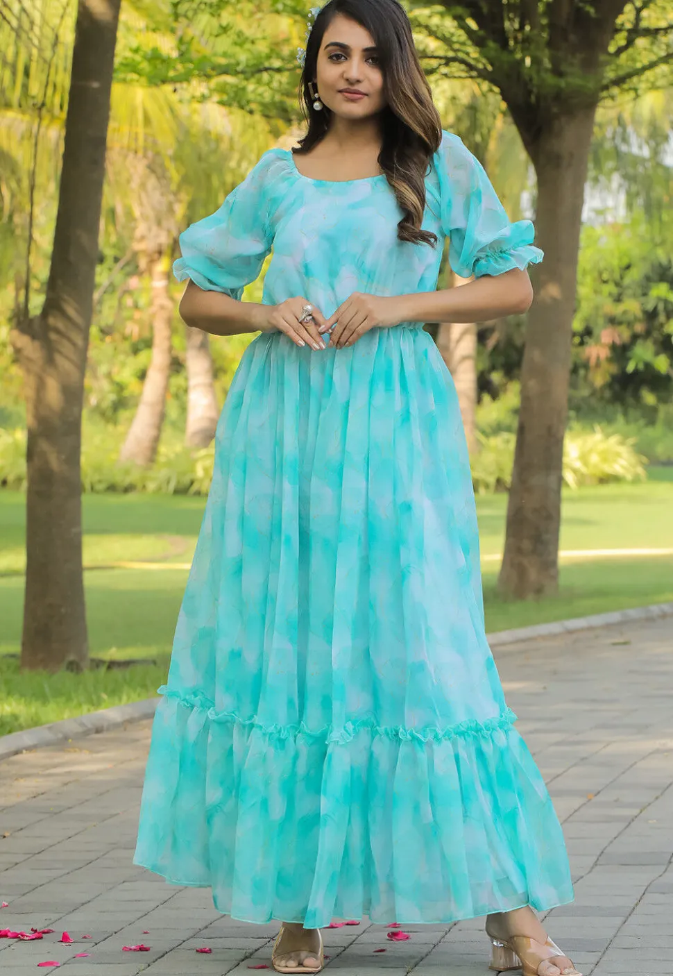 Digital Printed Georgette Gown in Turquoise