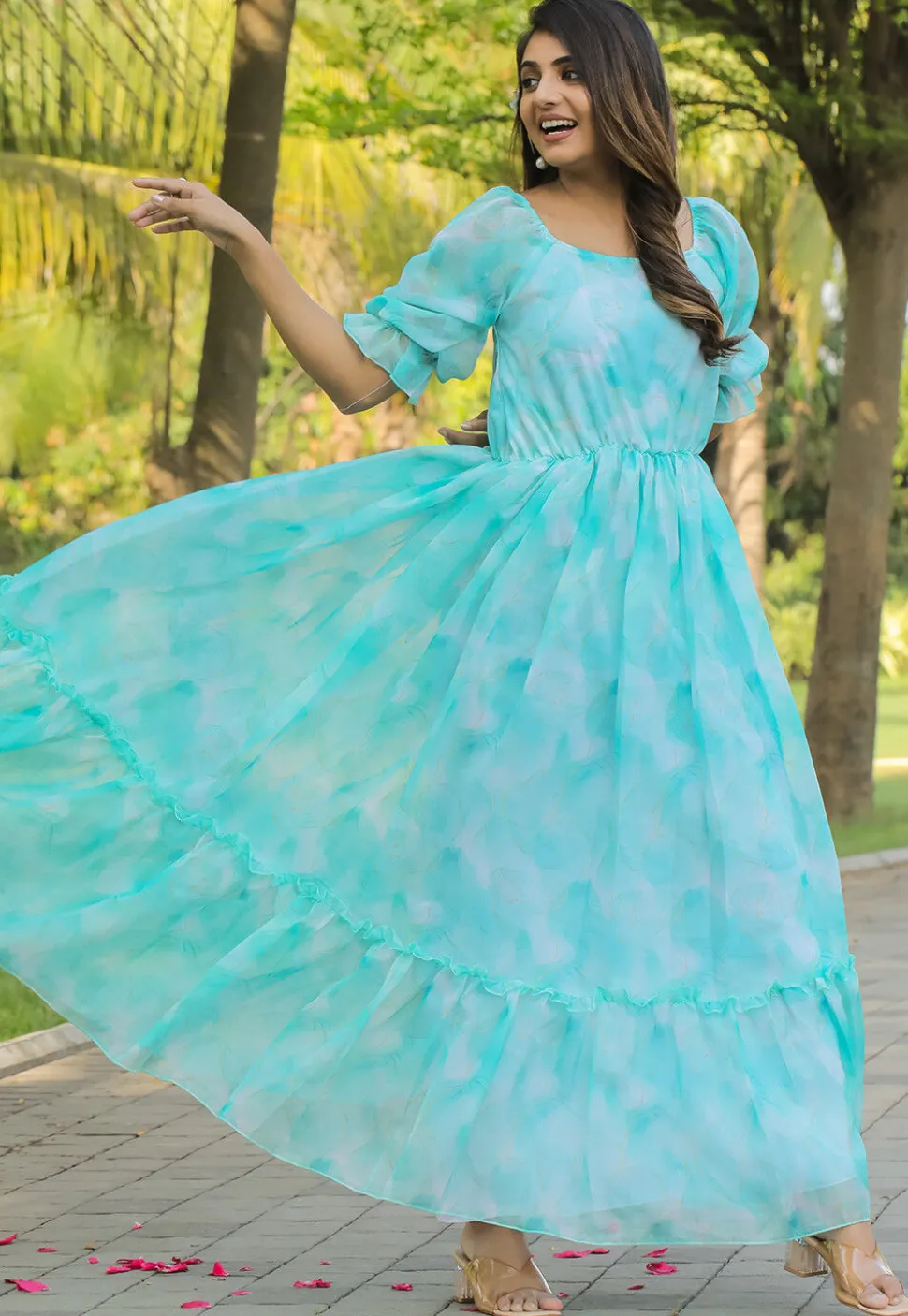 Digital Printed Georgette Gown in Turquoise