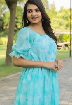 Digital Printed Georgette Gown in Turquoise