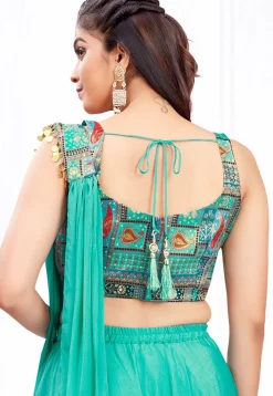 Digital Printed Georgette Crop Top Set in Sea Green