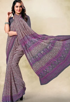 Digital Printed Georgette Saree in Cream and Purple