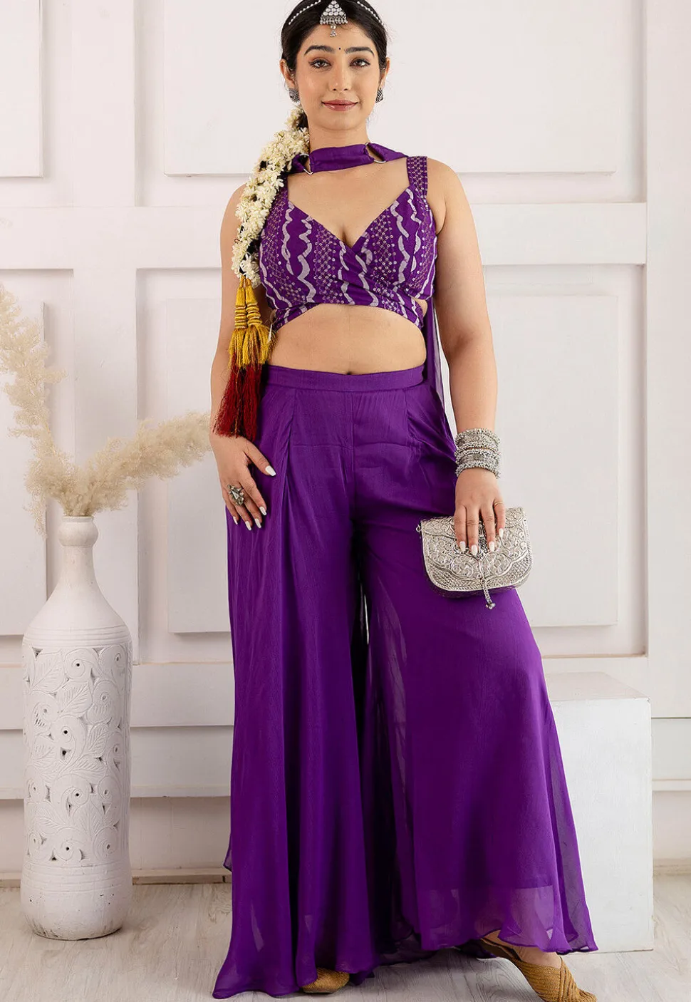 Digital Printed Georgette Crop Top Set in Purple
