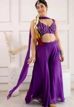 Digital Printed Georgette Crop Top Set in Purple