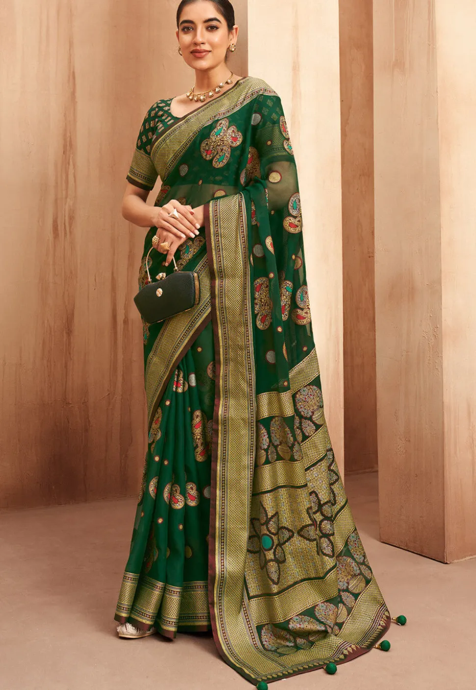 Digital Printed Georgette Saree in Dark Green