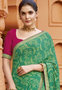 Digital Printed Georgette Saree in Teal Green