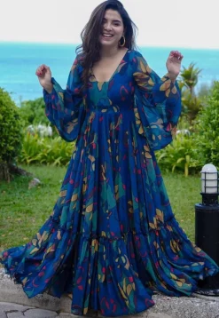 Digital Printed Georgette Gown in Royal Blue