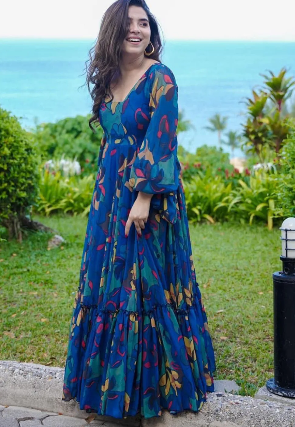 Digital Printed Georgette Gown in Royal Blue