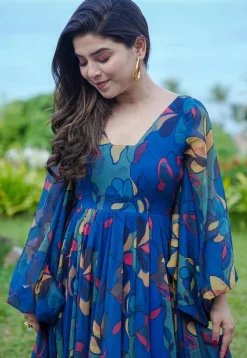 Digital Printed Georgette Gown in Royal Blue