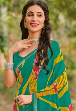 Digital Printed Georgette Saree in Teal Green