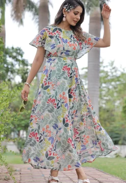 Digital Printed Georgette Maxi Dress in Dusty Green