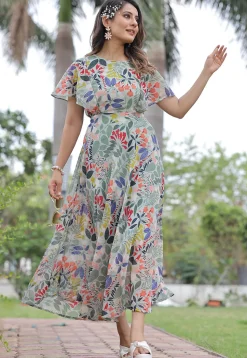 Digital Printed Georgette Maxi Dress in Dusty Green