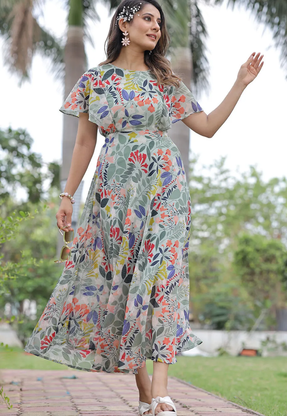 Digital Printed Georgette Maxi Dress in Dusty Green