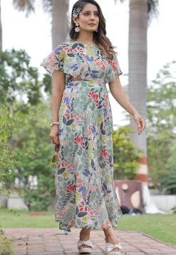 Digital Printed Georgette Maxi Dress in Dusty Green
