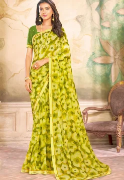 Digital Printed Georgette Saree in Light Green