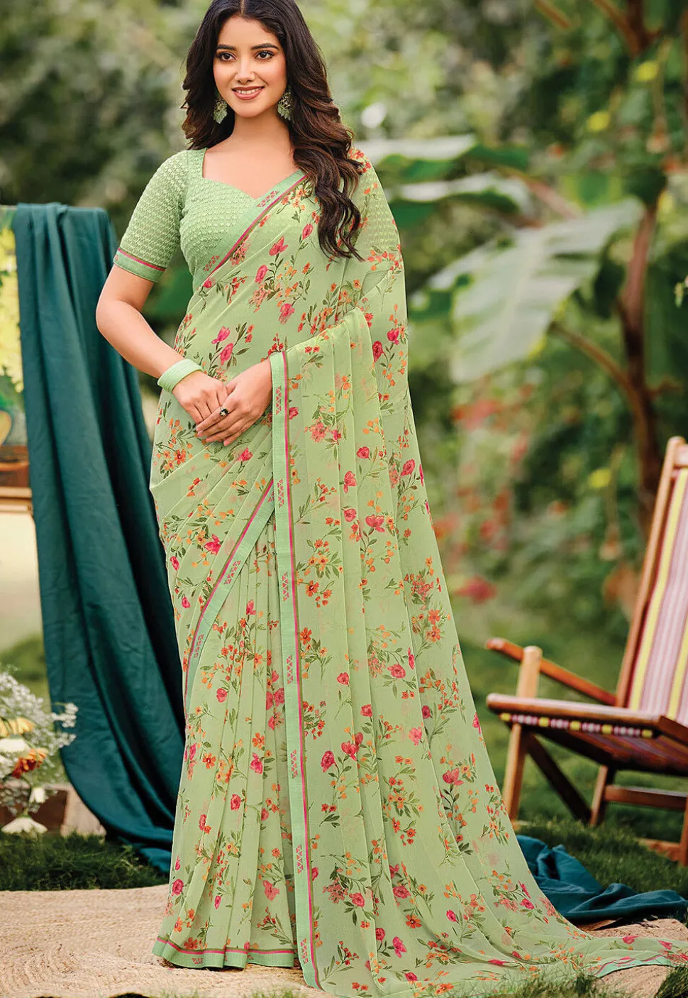 Digital Printed Georgette Saree in Light Green